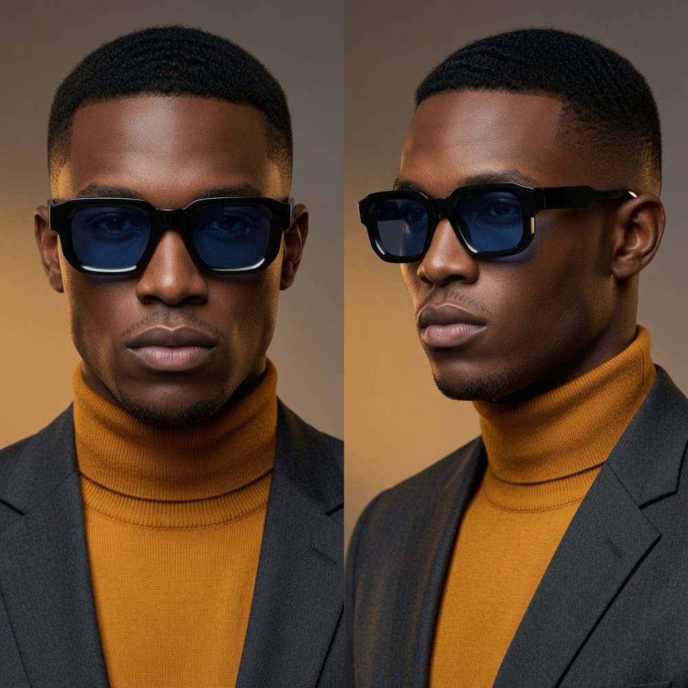 Mens Black Hip Hop Sunglasses Black Tint Lens Modern Rectangle‎ Streetwear UV400